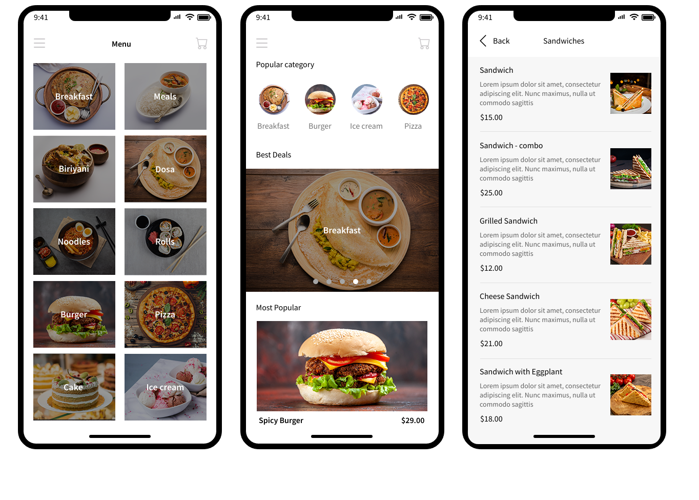 Free Wireframe Template for iPhone 15 - Food app