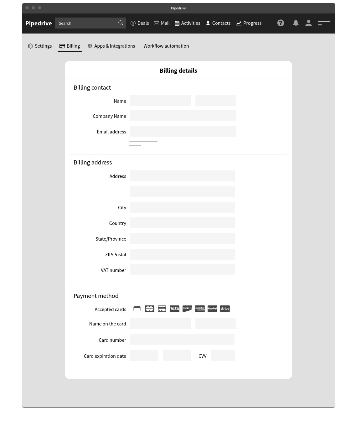 Free Wireframe Template for Pipedrive - Billing form
