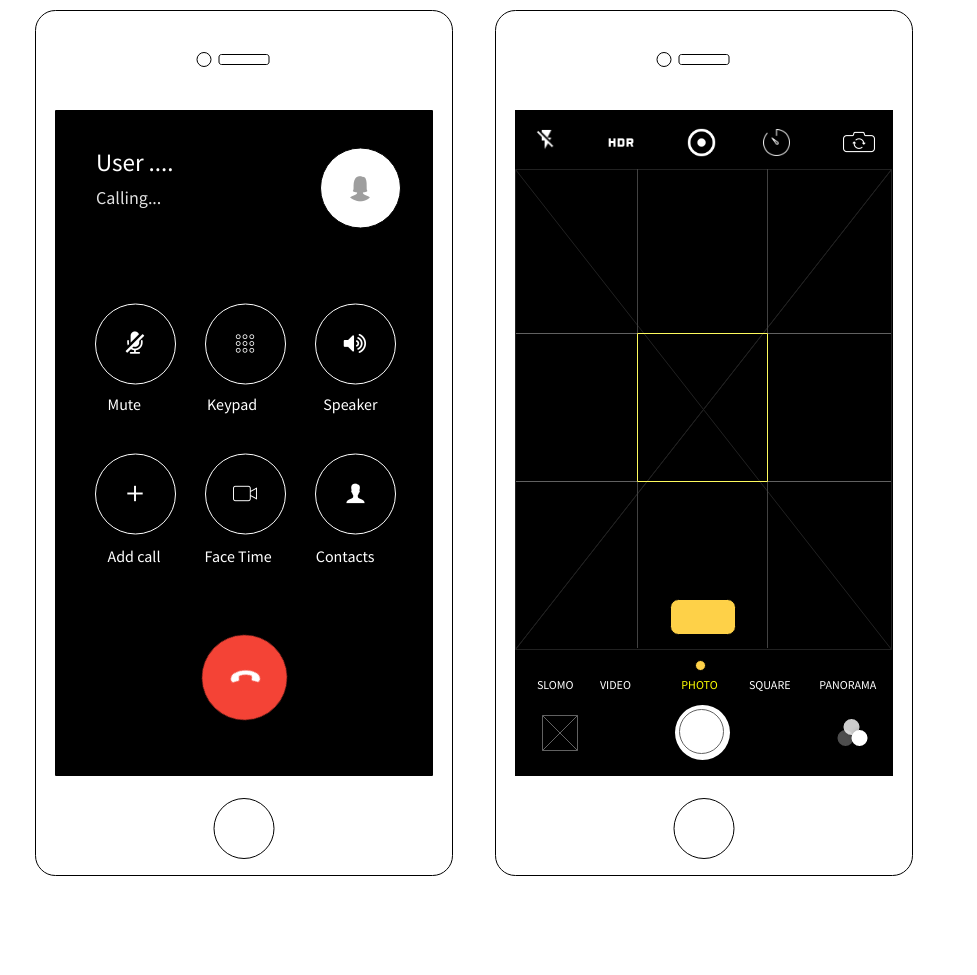 Free Wireframe Template for iPhone 11 Call & Camera app