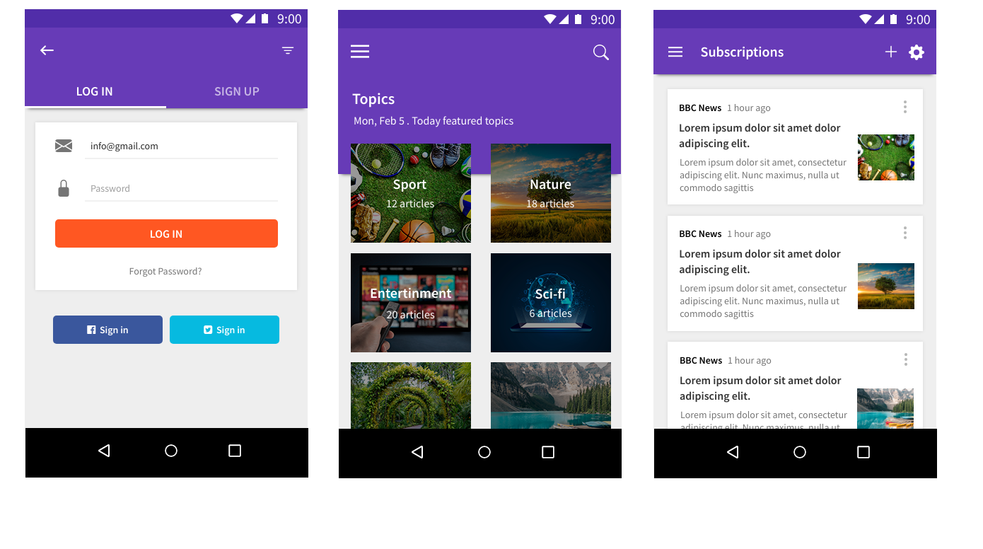 Free Wireframe Template for Material design news app