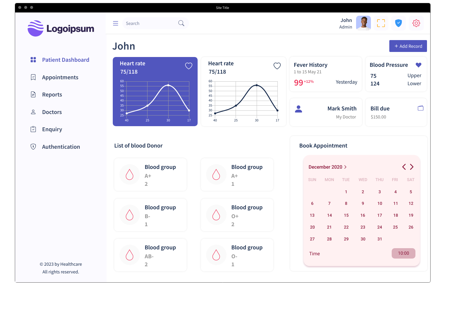 Free Wireframe Template for Patient Dashboard