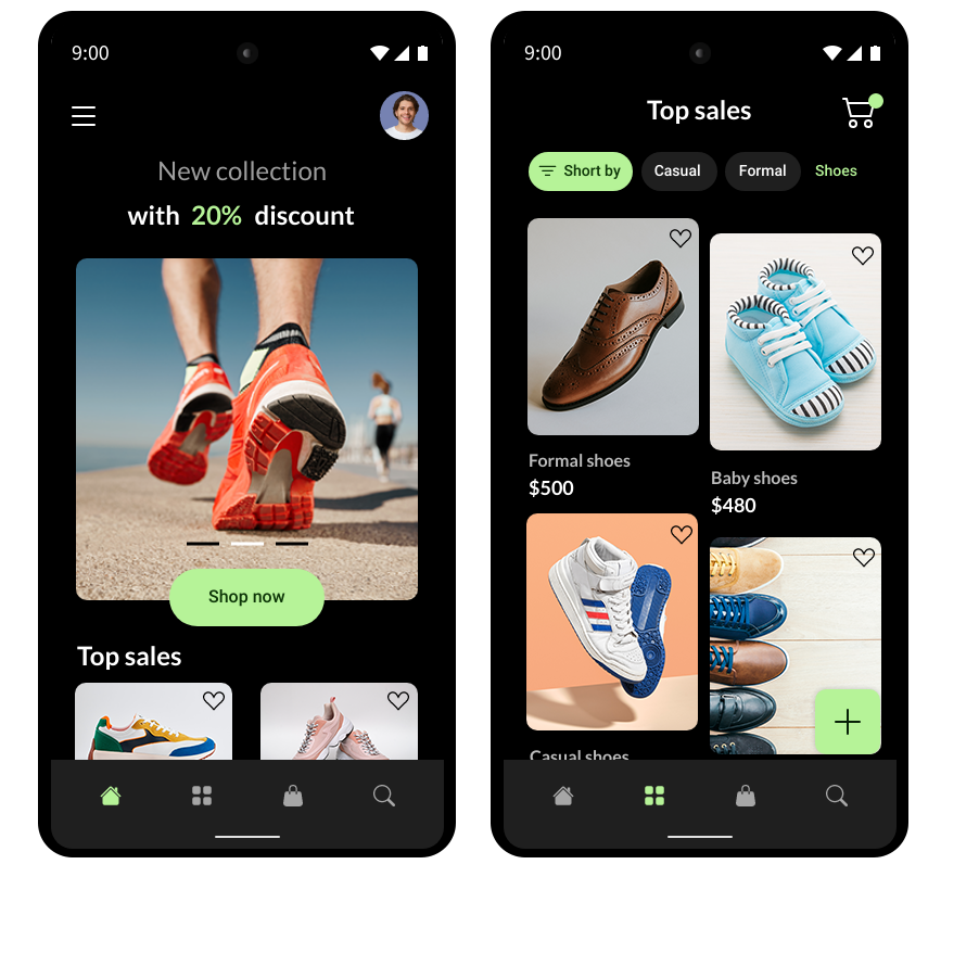 Free Wireframe Template for Android 12 - Fashion store app